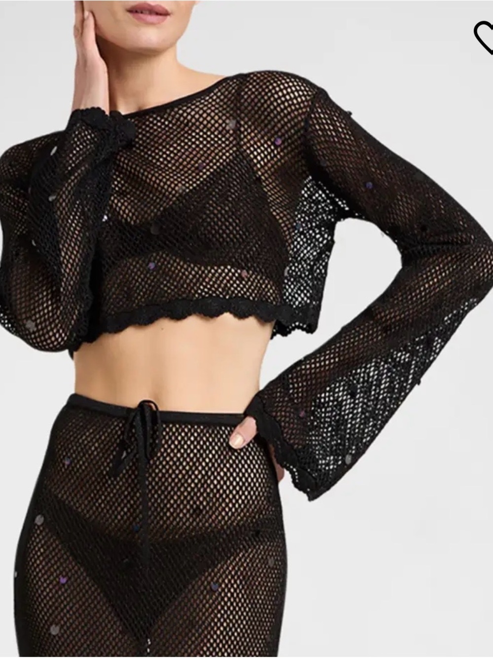 cinq a sept Black Crochet Long-Sleeve Crop Top